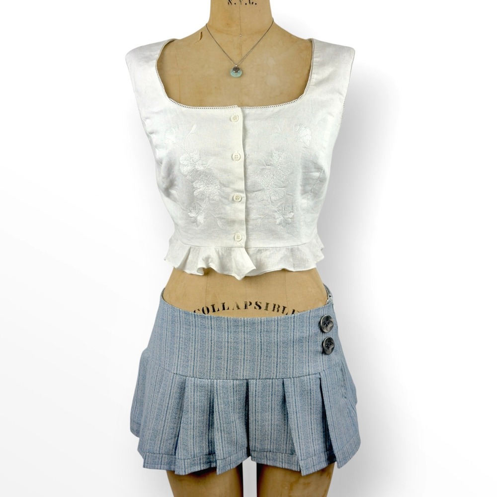 90s French Girl Linen Vest Square Neck Button Front Embroidered Cottage Minimal